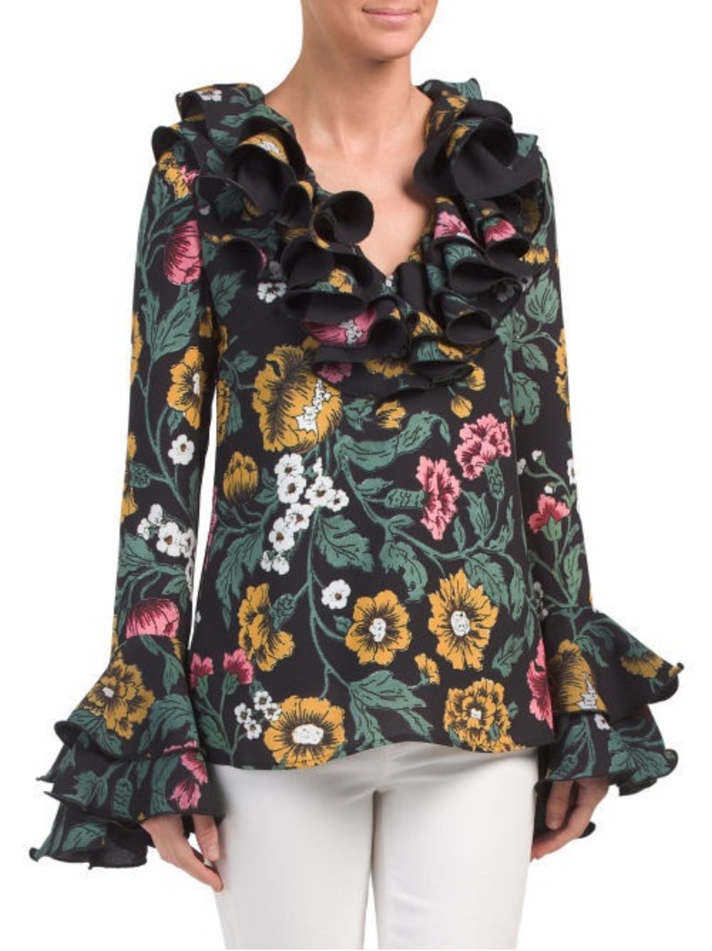 C/MEO Collective Black Floral Ruffle Long Sleeve Blouse Small